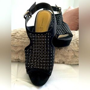 Chinese Laundry: Black Mesh Slingback Wedges High Heels Platforms Sandals 8